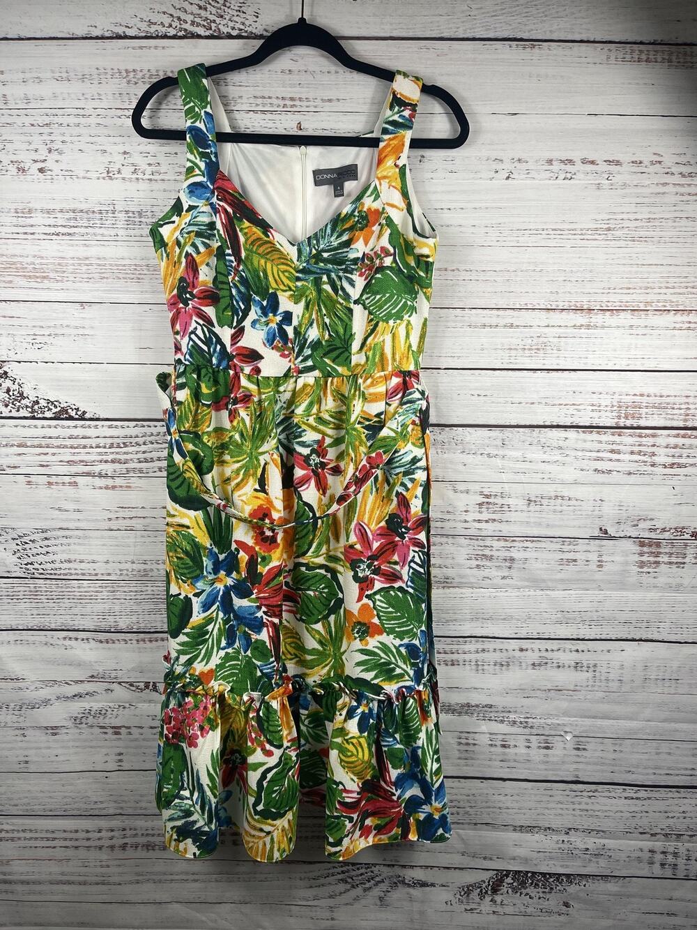 Donna Ricco Dress Women's 4 Multicolor Floral Tropical Belted Fit & Flare Midi